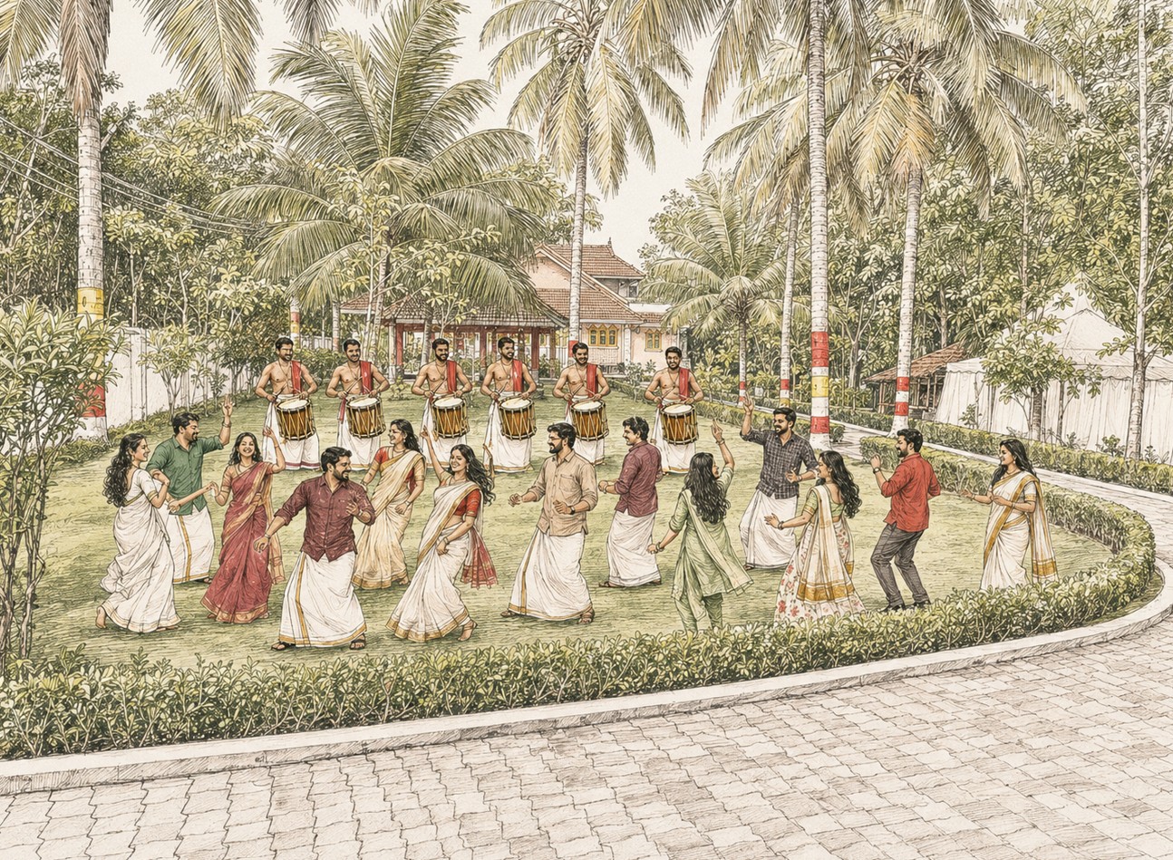 Guests dancing to Singari Melam with drummers at Kalapura