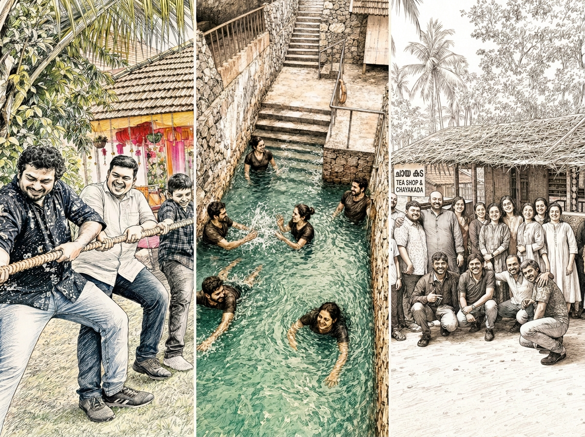 Team day-out moments at Kalapura — tug-of-war on the lawn, swimming in the stone pond, and a group portrait at the tea shop and chayakada